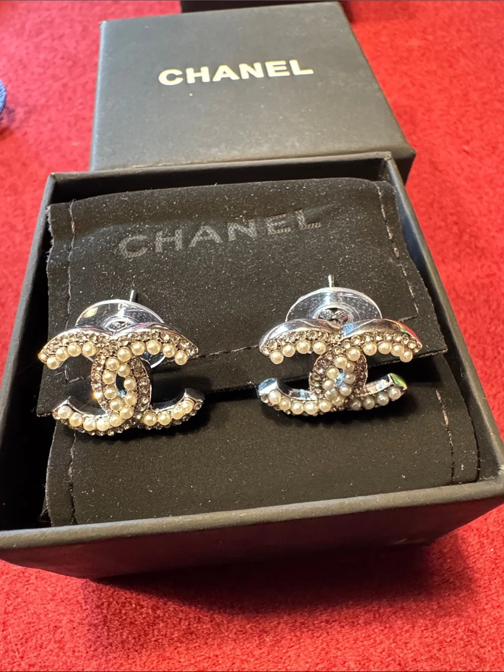 CHANEL Silver CC Logo Stud Earrings with Pearls and Crystals